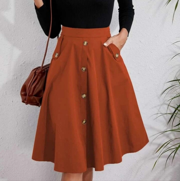 NWOT SHEIN Relaxiva Rust Orange Solid Single Breasted Flare Midi Skirt - Picture 1 of 9